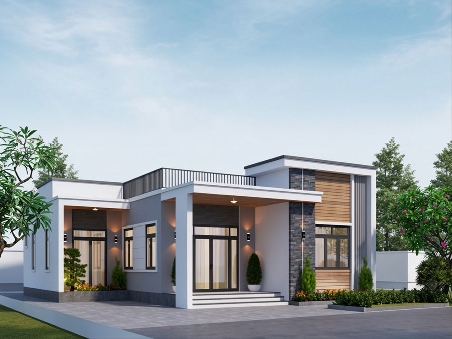 Mẫu nhà 1 tầng chữ L 100m2 mái bằng
