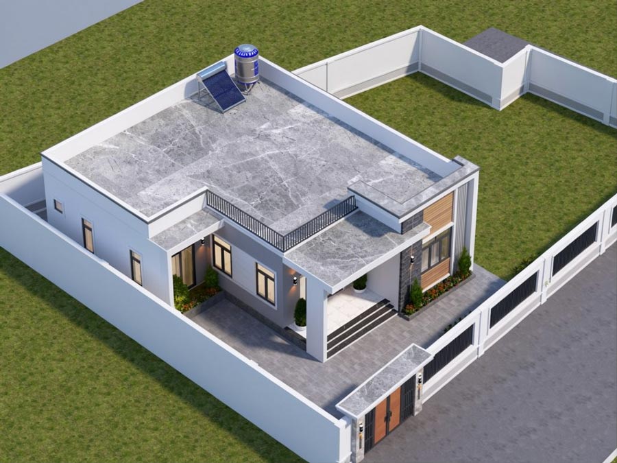 Mẫu nhà 1 tầng chữ L 100m2 mái bằng