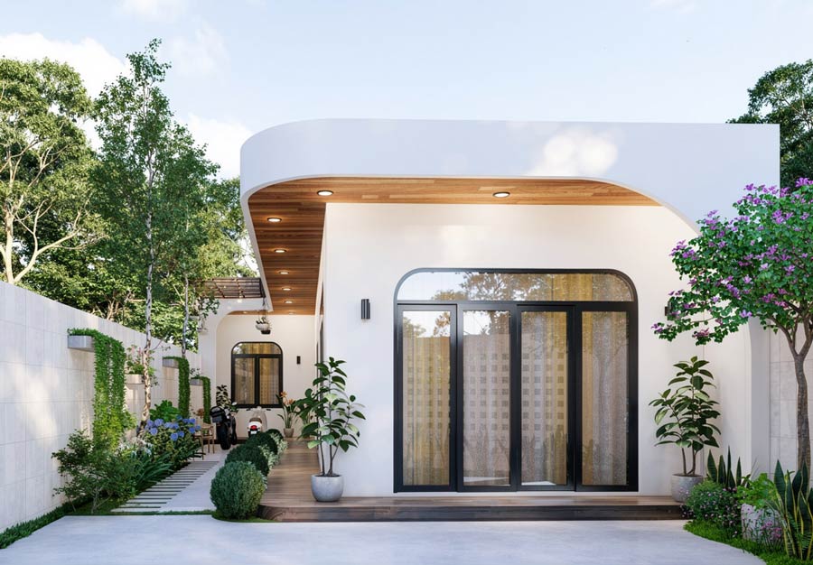 Mẫu nhà 1 tầng chữ L 100m2 mái bằng