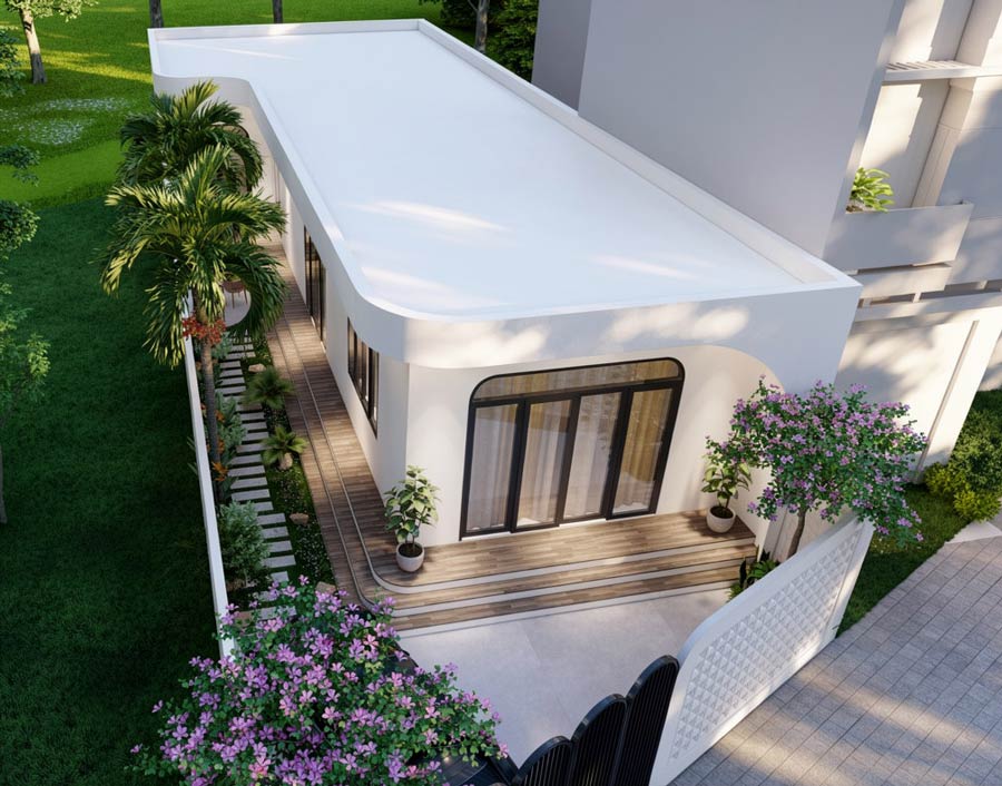 Mẫu nhà 1 tầng chữ L 100m2 mái bằng