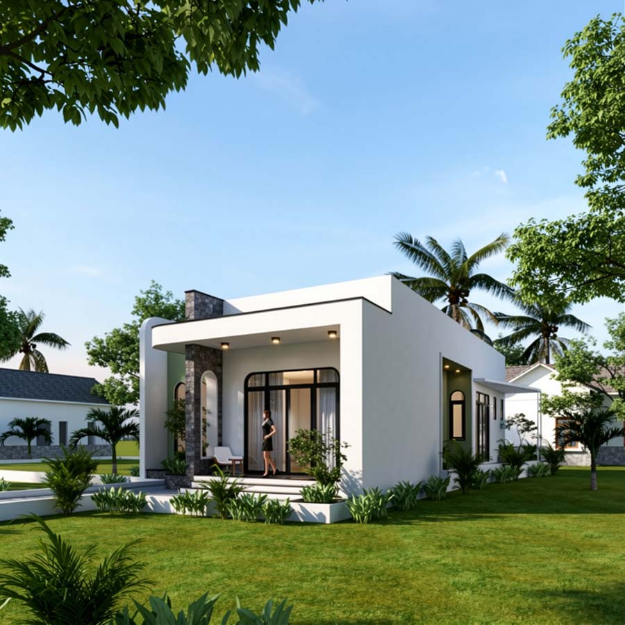 Mẫu nhà 1 tầng mái bằng 100m2 2 phòng ngủ