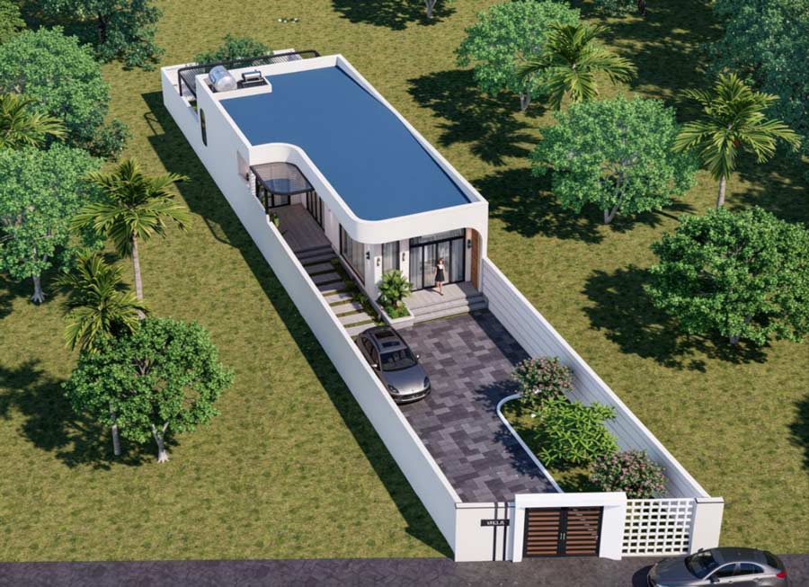 Mẫu nhà 1 tầng mái bằng 100m2 chữ L
