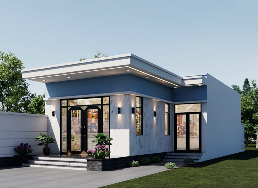 Mẫu nhà 1 tầng mái bằng 100m2 có gara