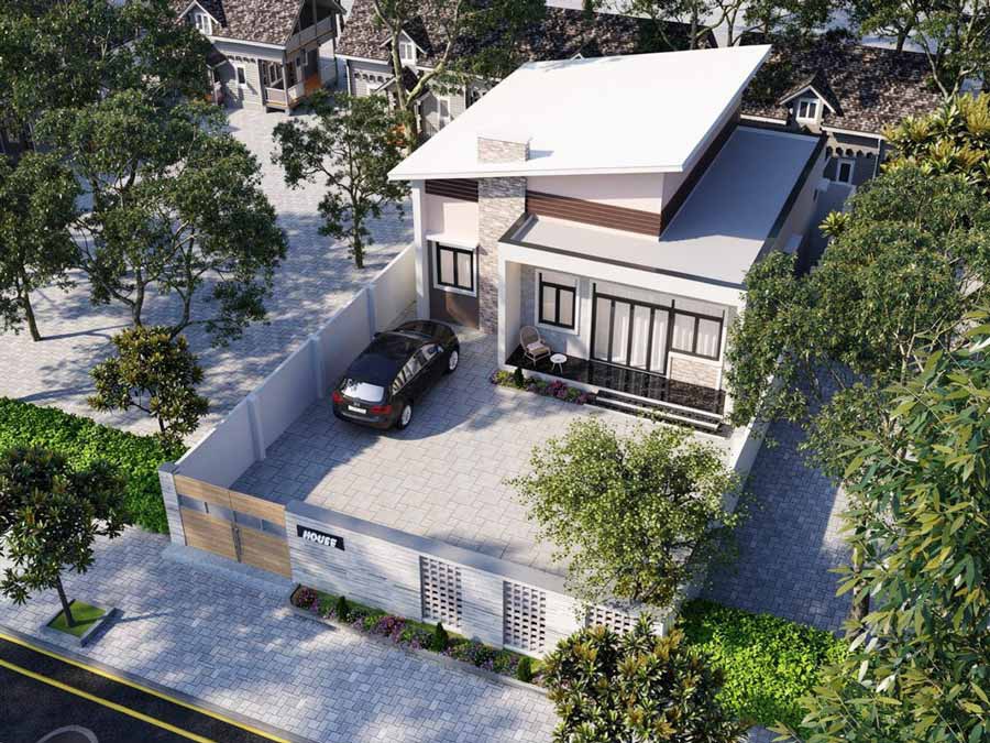 Mẫu nhà 1 tầng rưỡi mái lệch