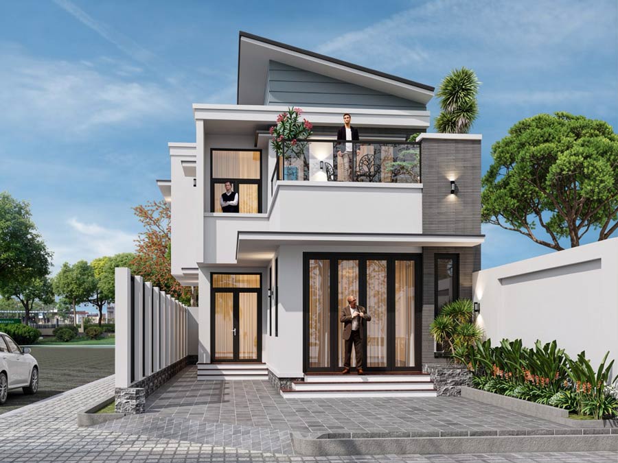 Mẫu nhà 1 tầng rưỡi mái lệch