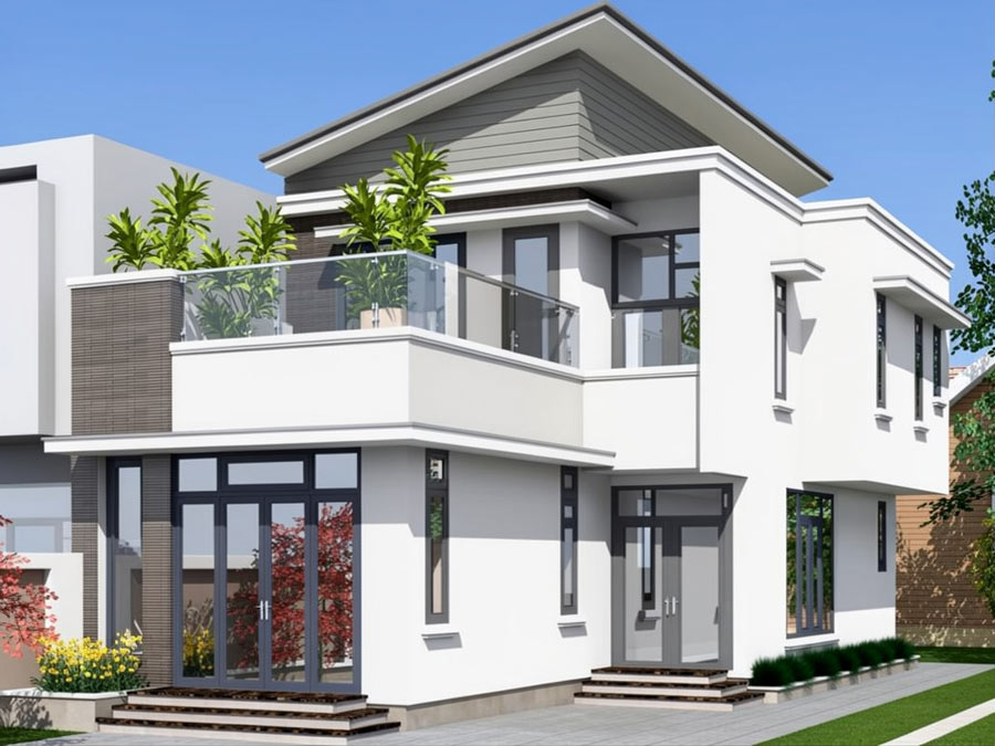 Mẫu nhà 1 tầng rưỡi mái lệch