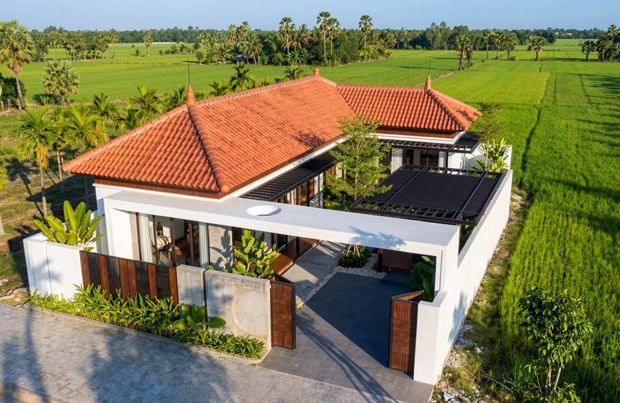 Mẫu nhà chữ L 1 tầng 2 phòng ngủ 100m2