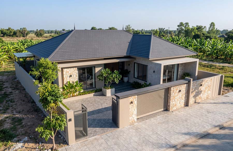 Mẫu nhà chữ L 1 tầng 2 phòng ngủ 100m2