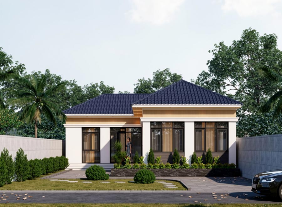 Mẫu nhà chữ L 1 tầng 3 phòng ngủ có phòng thờ