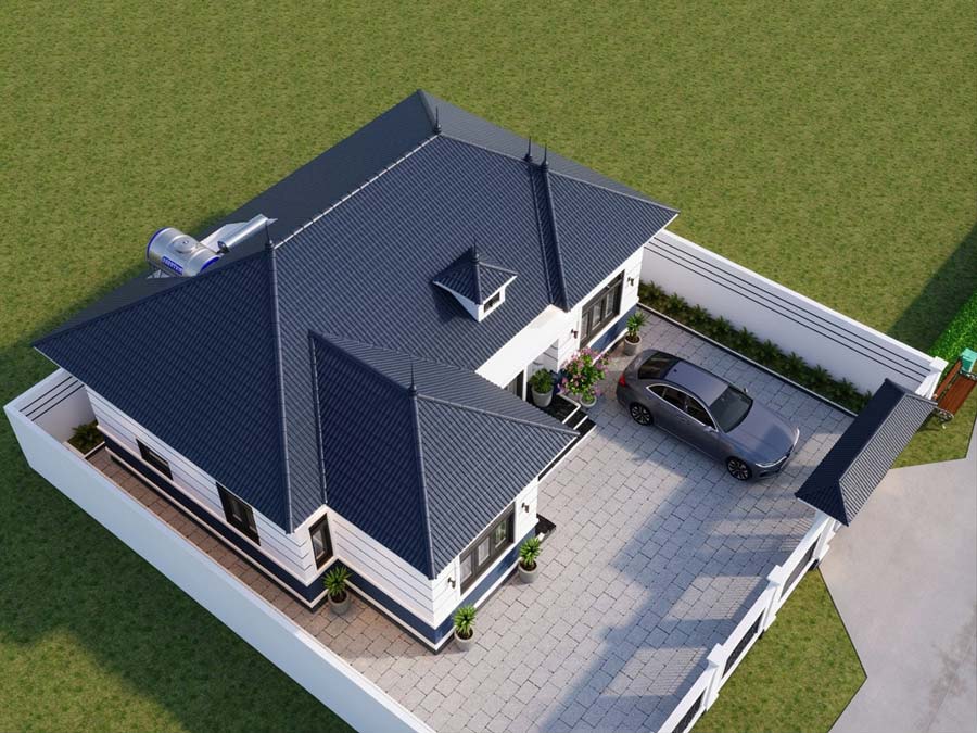 Mẫu nhà chữ L 1 tầng 3 phòng ngủ có phòng thờ