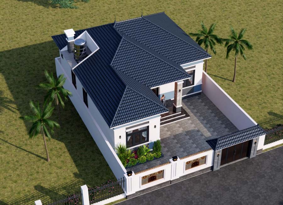 Mẫu nhà chữ L 1 tầng 3 phòng ngủ có gara