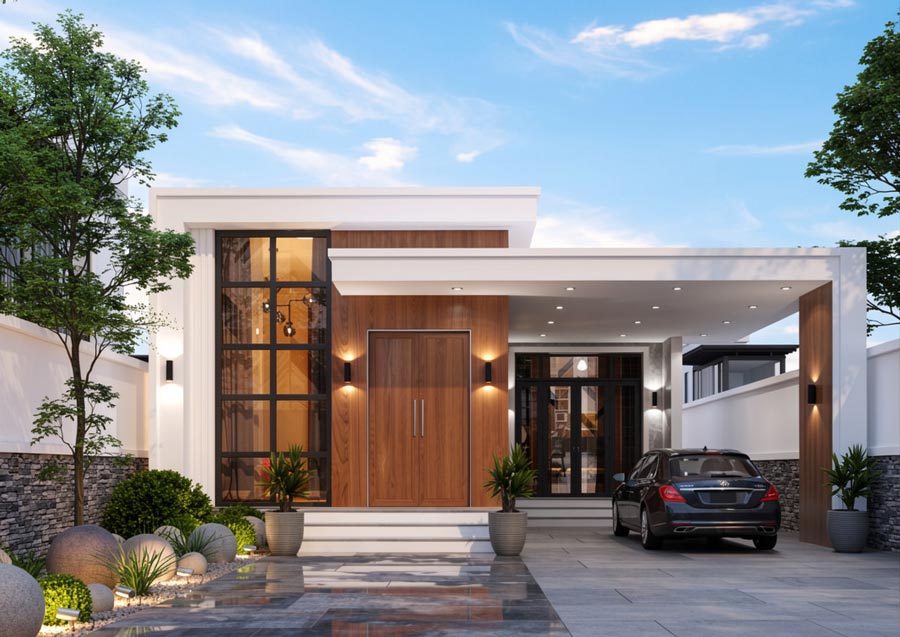 Mẫu nhà chữ L 1 tầng 3 phòng ngủ có gara
