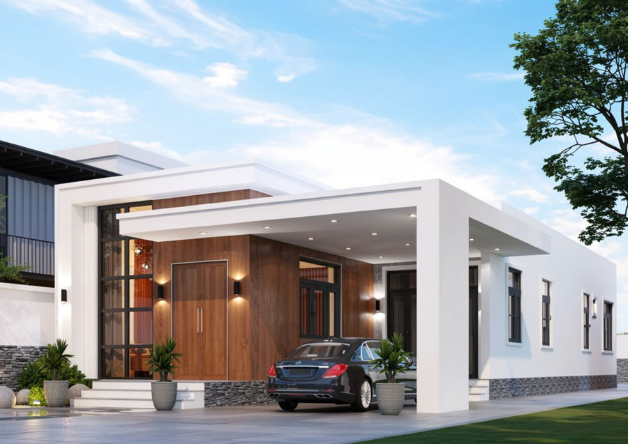 Mẫu nhà chữ L 1 tầng 3 phòng ngủ có gara