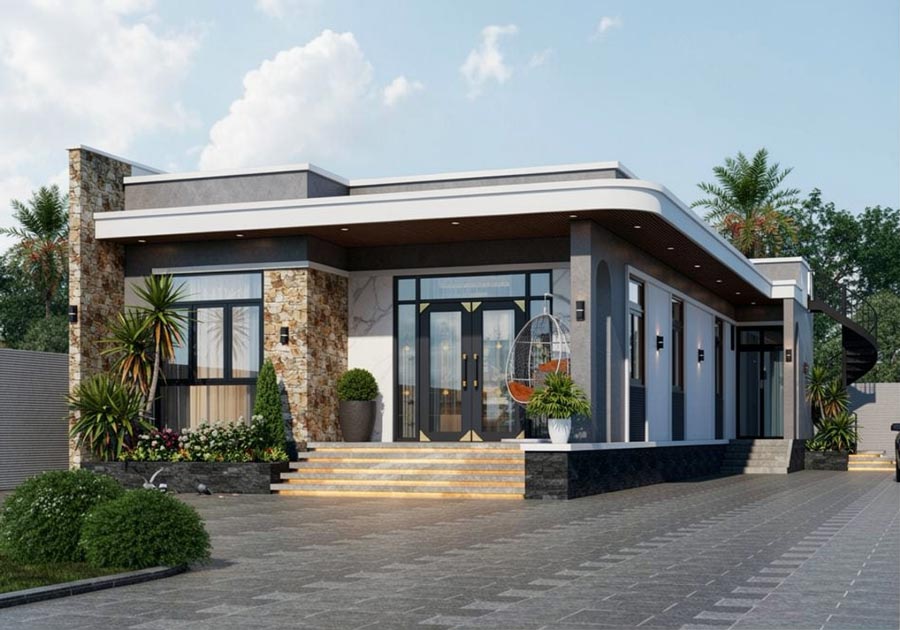 Thiết kế nhà chữ L 1 tầng 3 phòng ngủ hiện đại