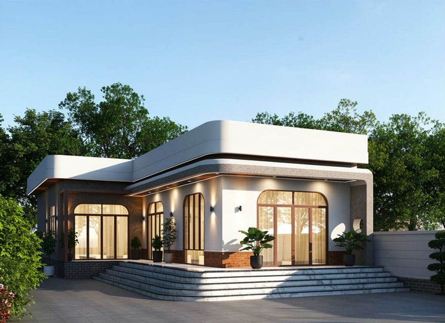 Thiết kế nhà chữ L 1 tầng 3 phòng ngủ hiện đại