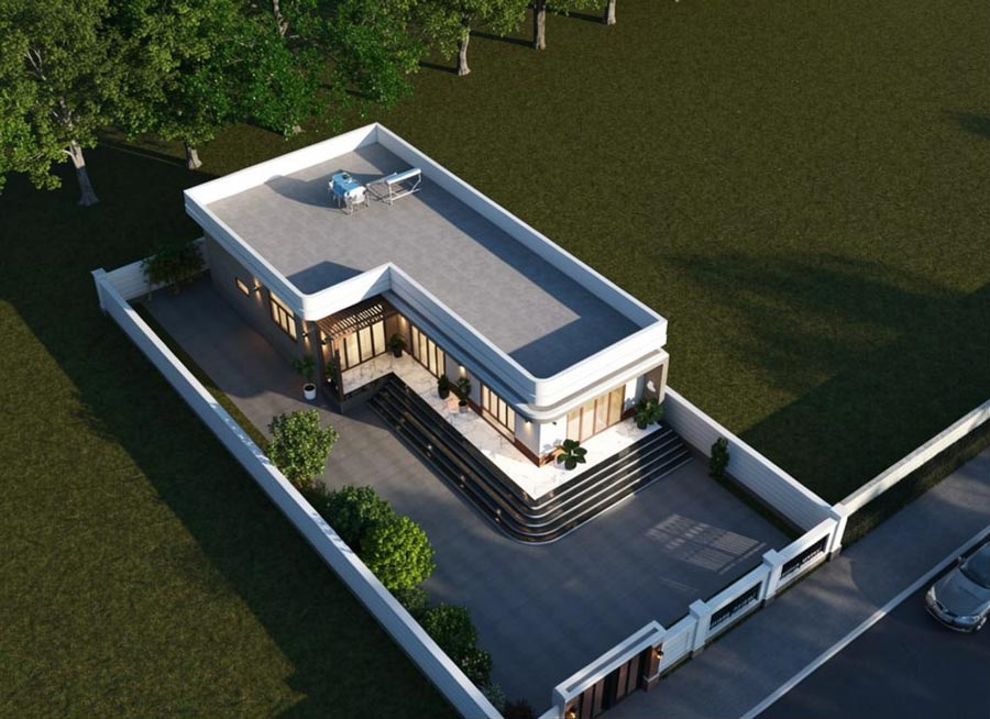 Thiết kế nhà chữ L 1 tầng 3 phòng ngủ hiện đại