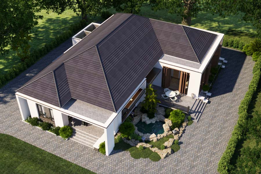 Mẫu thiết kế nhà chữ L 1 tầng 3 phòng ngủ kết hợp sân vườn