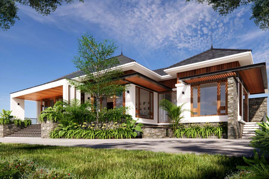 Mẫu thiết kế nhà chữ L 1 tầng 3 phòng ngủ kết hợp sân vườn