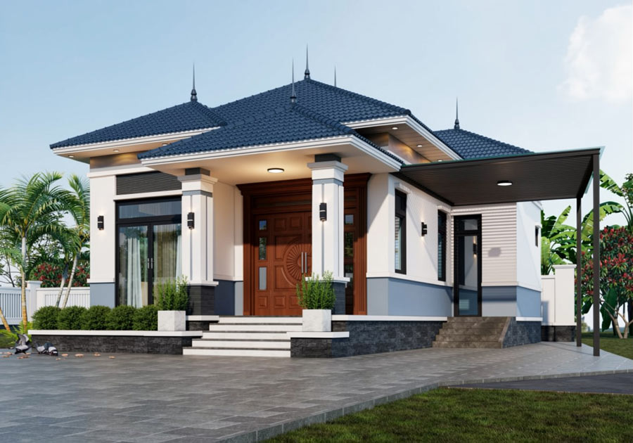 Mẫu nhà chữ L 1 tầng 3 phòng ngủ kiểu biệt thự vườn