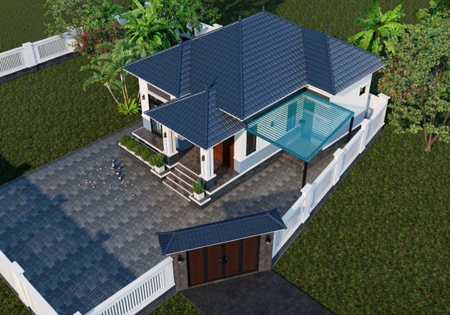 Mẫu nhà chữ L 1 tầng 3 phòng ngủ kiểu biệt thự vườn
