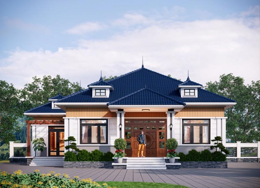 Mẫu nhà chữ L 1 tầng 3 phòng ngủ kiểu biệt thự vườn