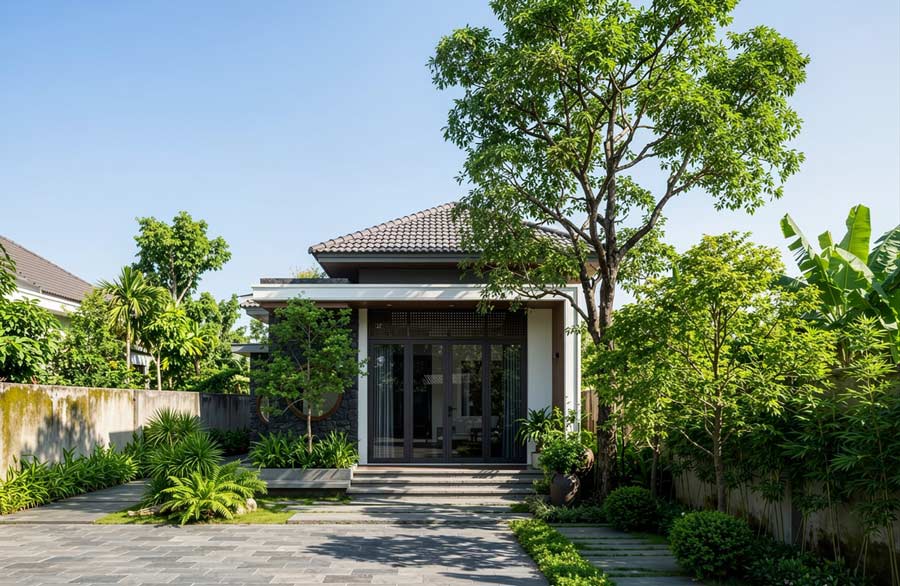 Mẫu nhà chữ L 1 tầng 3 phòng ngủ mái Nhật