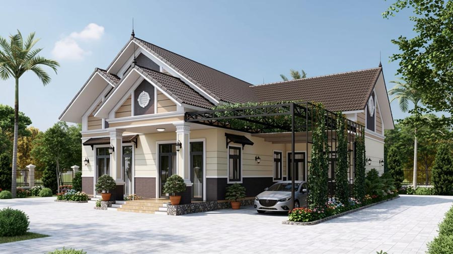 Mẫu nhà chữ L 1 tầng 3 phòng ngủ ở nông thôn