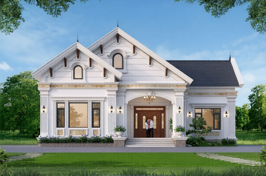 Mẫu nhà chữ L 1 tầng 3 phòng ngủ tân cổ điển