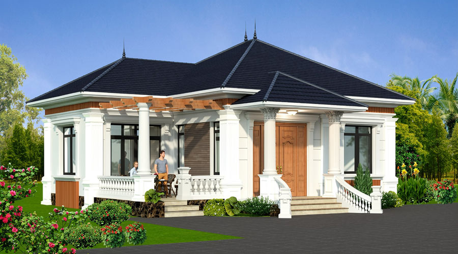 Mẫu nhà chữ L 1 tầng 3 phòng ngủ tân cổ điển