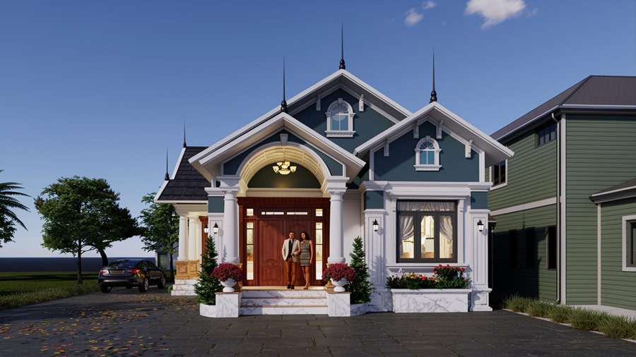 Mẫu thiết kế nhà chữ L 1 tầng 4 phòng ngủ có gara