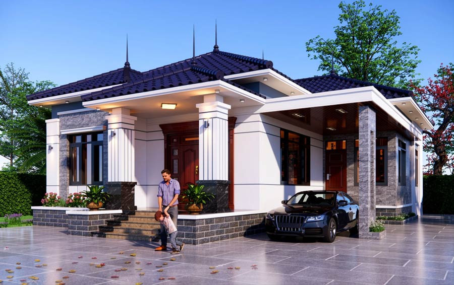 Mẫu thiết kế nhà chữ L 1 tầng 4 phòng ngủ có gara