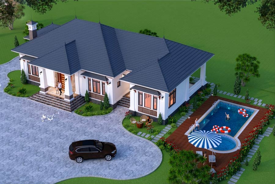 Nhà chữ L 1 tầng 4 phòng ngủ có hồ bơi