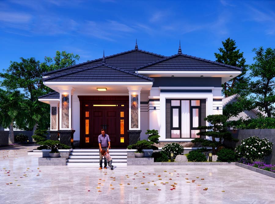Mẫu nhà chữ L 1 tầng 4 phòng ngủ có phòng thờ