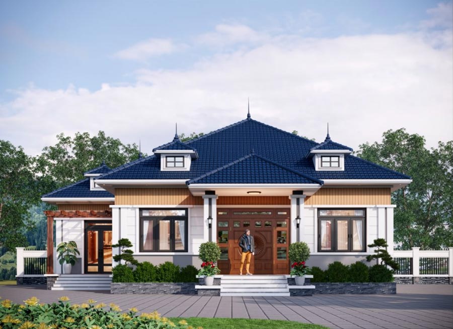 Mẫu nhà chữ L 1 tầng 4 phòng ngủ có phòng thờ