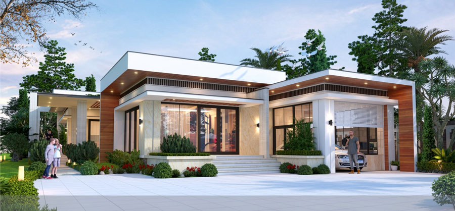 Mẫu nhà chữ L 1 tầng 4 phòng ngủ hiện đại