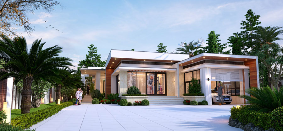 Mẫu nhà chữ L 1 tầng 4 phòng ngủ hiện đại