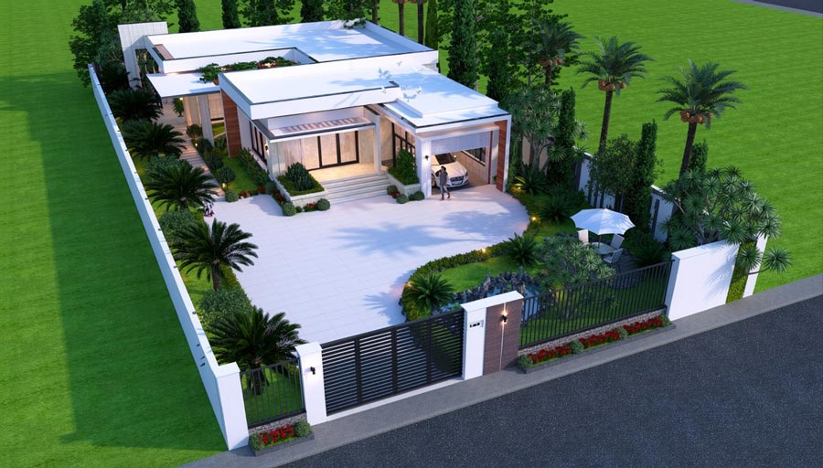 Mẫu nhà chữ L 1 tầng 4 phòng ngủ hiện đại