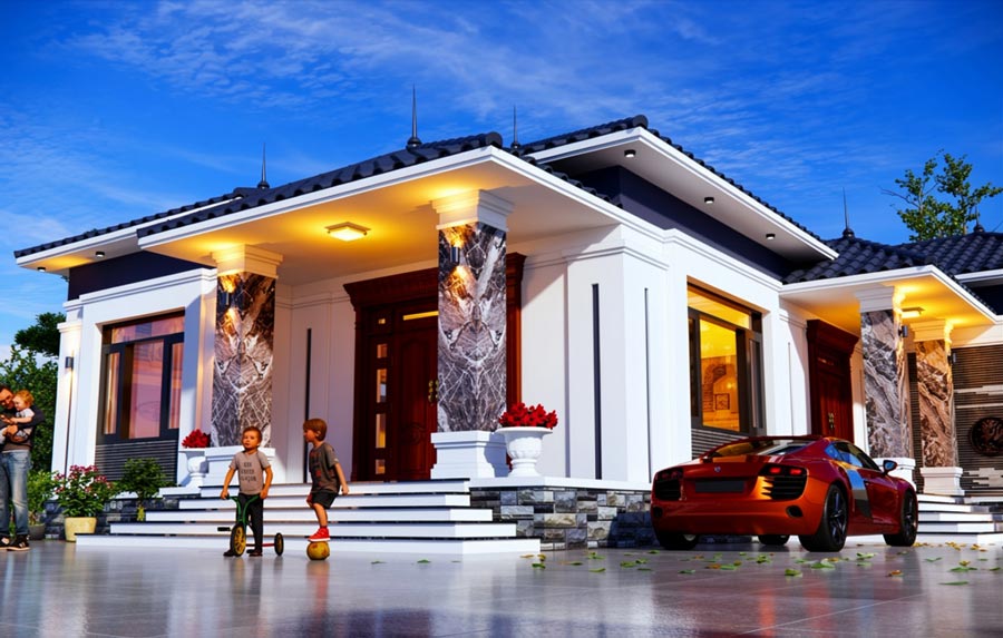 Mẫu nhà chữ L 1 tầng 4 phòng ngủ mái Nhật