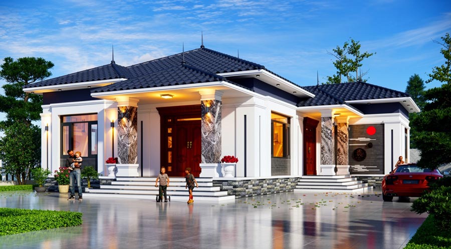 Mẫu nhà chữ L 1 tầng 4 phòng ngủ mái Nhật