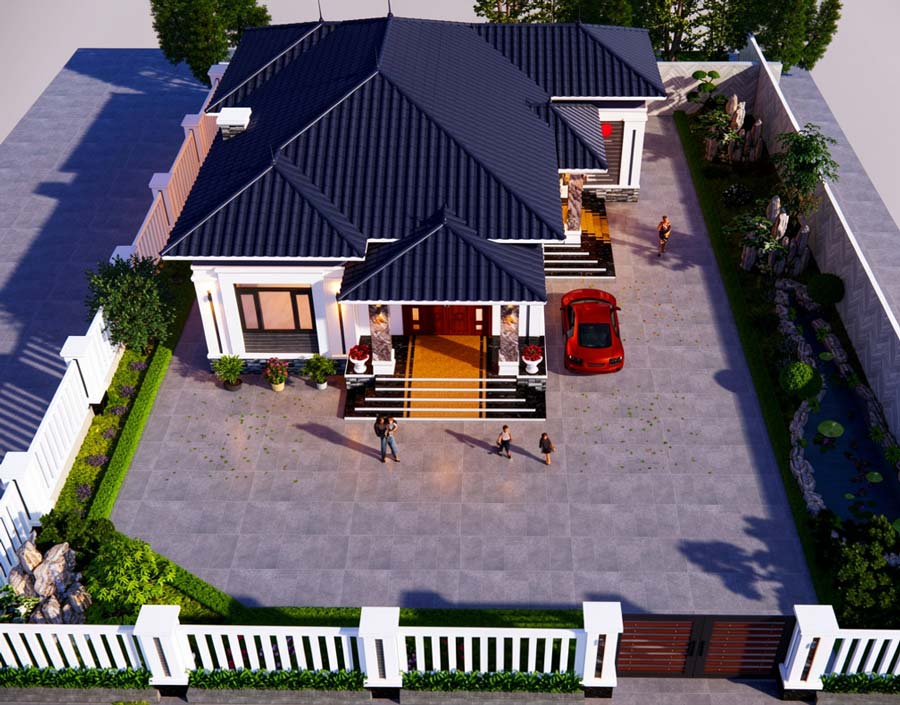 Mẫu nhà chữ L 1 tầng 4 phòng ngủ mái Nhật