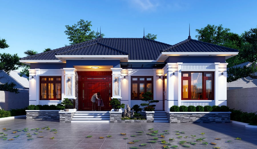 Mẫu nhà chữ L 1 tầng 4 phòng ngủ mái Nhật