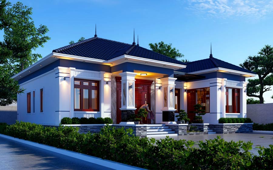 Mẫu nhà chữ L 1 tầng 4 phòng ngủ mái Nhật