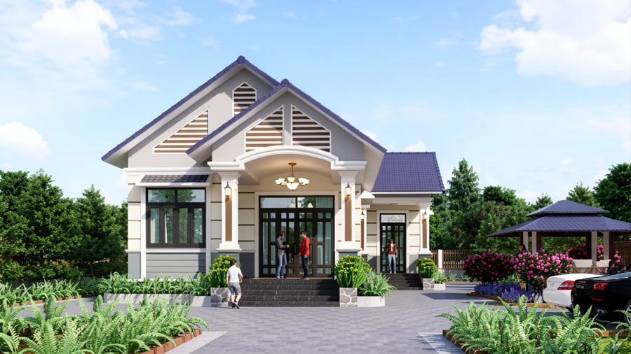 Mẫu nhà chữ L 1 tầng 4 phòng ngủ mái Thái
