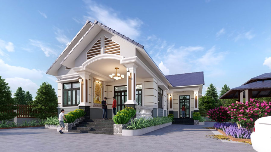 Mẫu nhà chữ L 1 tầng 4 phòng ngủ mái Thái