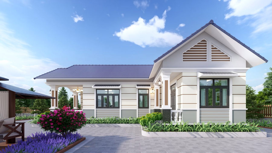 Mẫu nhà chữ L 1 tầng 4 phòng ngủ mái Thái