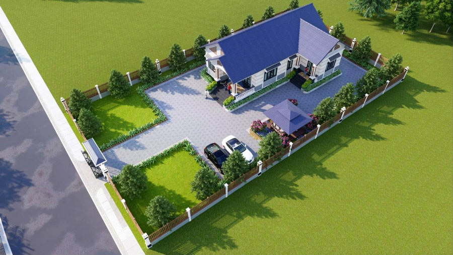 Mẫu nhà chữ L 1 tầng 4 phòng ngủ mái Thái