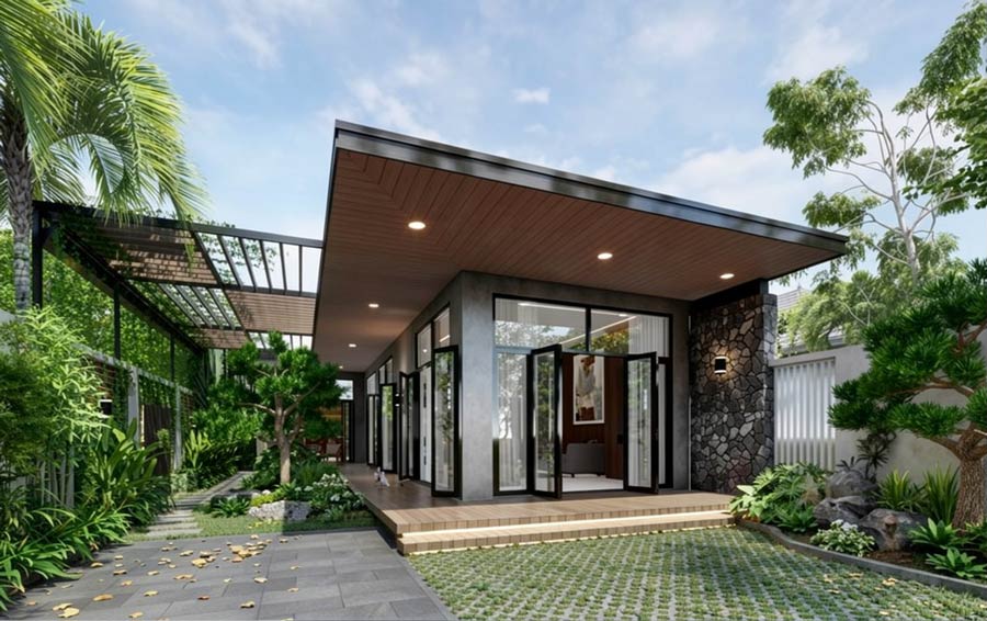 Thiết kế nhà chữ L 1 tầng 4 phòng ngủ mái bằng