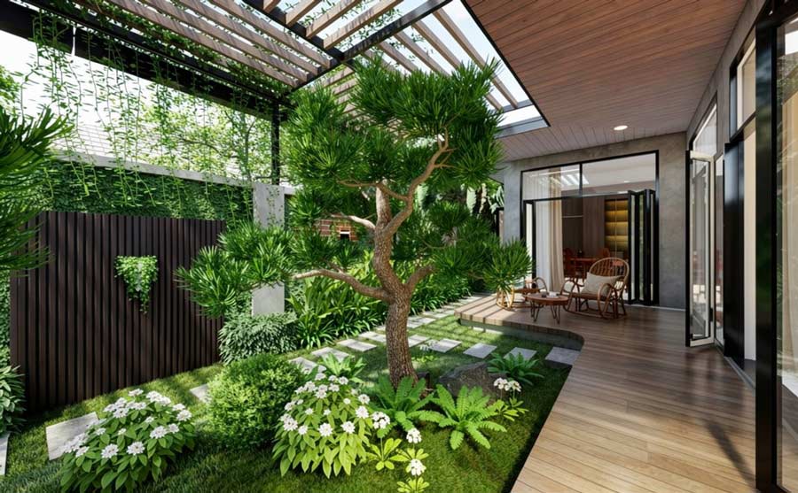 Thiết kế nhà chữ L 1 tầng 4 phòng ngủ mái bằng