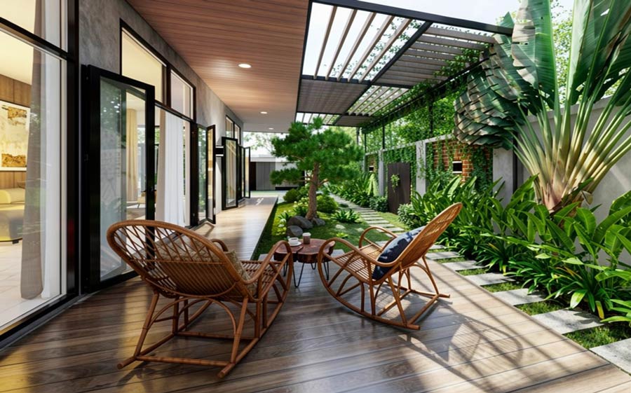 Thiết kế nhà chữ L 1 tầng 4 phòng ngủ mái bằng