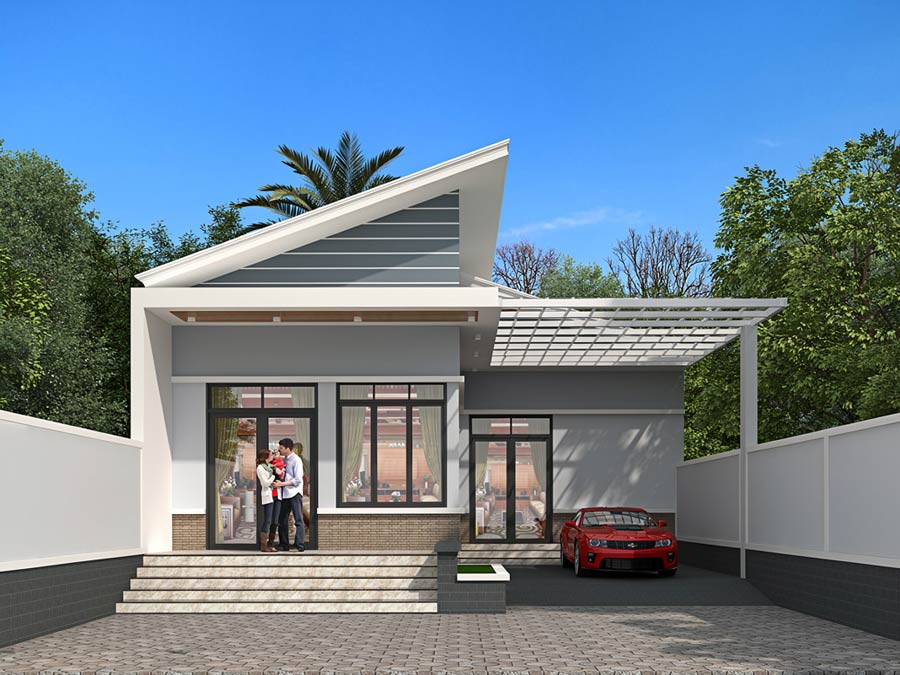 Mẫu nhà chữ L 1 tầng 4 phòng ngủ mái lệch